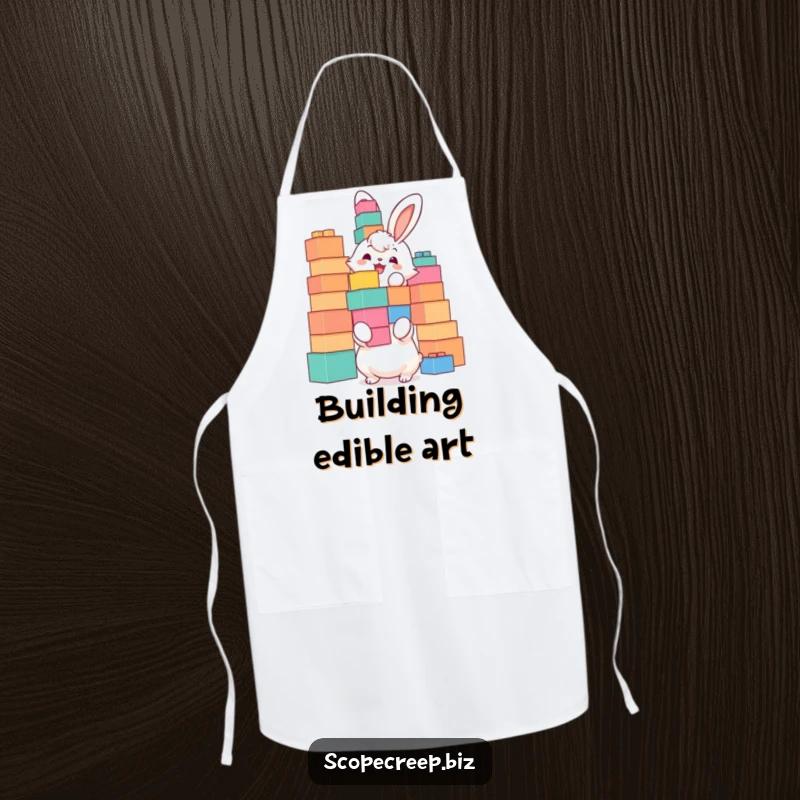 Funny apron featuring a fluffy bunny joyfully stacking oversized building blocks, adding creative amusement to kitchen tasks.