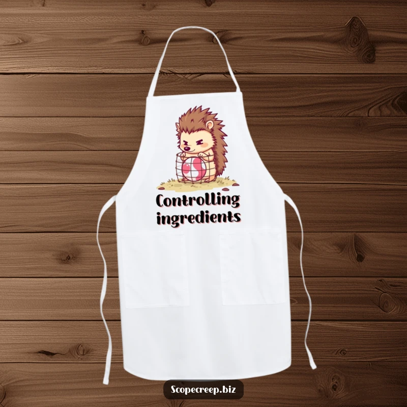 Funny hedgehog character building a tiny cage around a bouncing ball, durable kitchen apron, humorous cooking accessory.