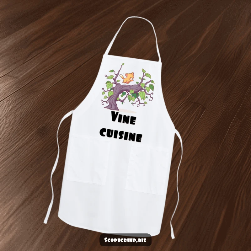 Funny apron featuring an energetic animal leaping over a vine, perfect for chefs who enjoy a bit of adventurous and humorous flair.
