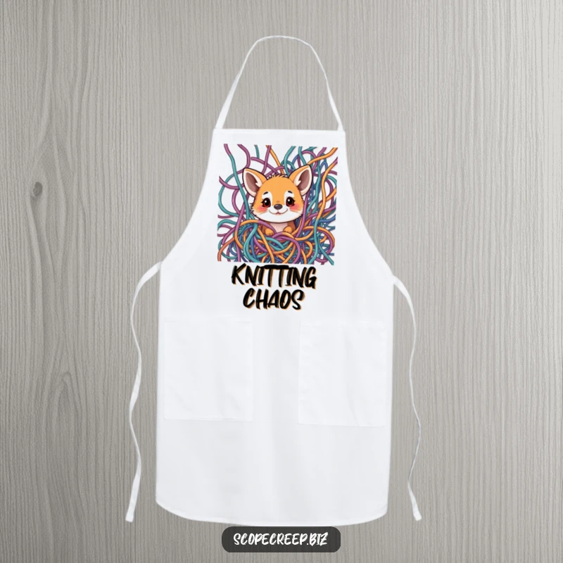 Funny apron showing a curious animal peeking through a messy tangle of colorful threads, suitable for cooking.