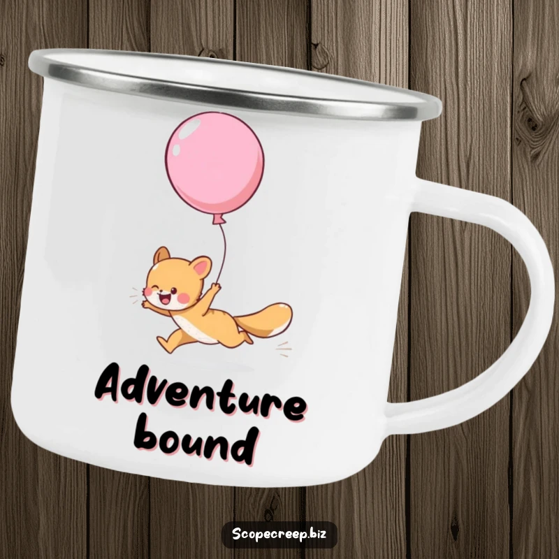 Funny camping mug showing a happy animal chasing a big, colorful balloon that has floated away, for outdoor use.