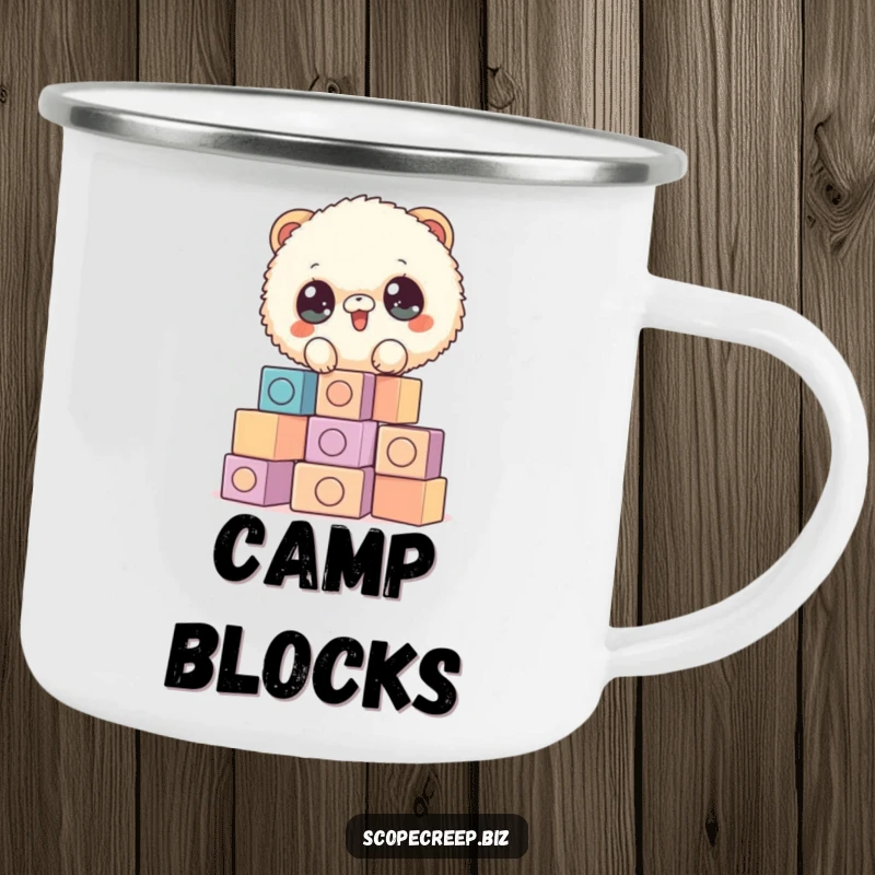 Funny camping mug featuring a fluffy animal stacking blocks, perfect for outdoor enthusiasts who appreciate creative and humorous designs.