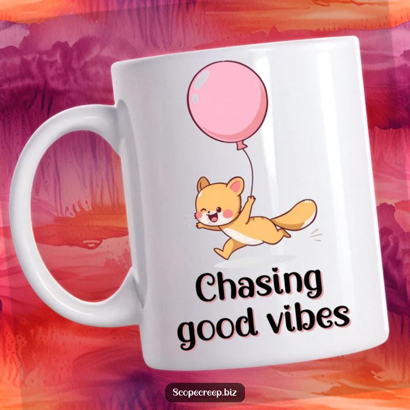 Funny mug showing a happy animal gleefully chasing an escaping, oversized, colorful balloon, capturing pure delight.