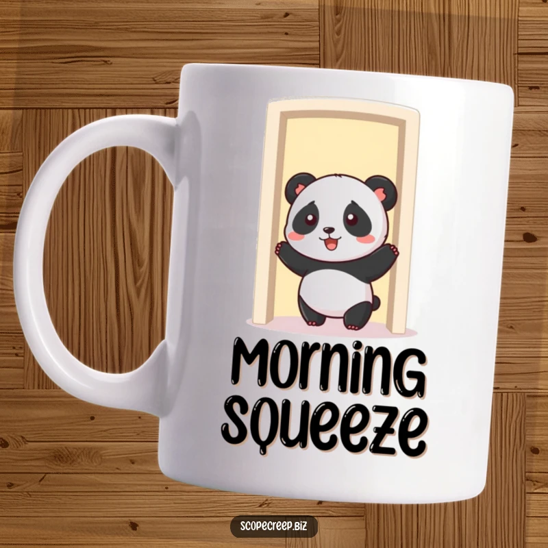 Funny panda character comically stuck trying to fit through a shrinking doorway, looking bewildered, humorous mug design.