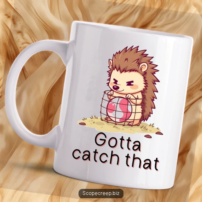 Funny hedgehog character diligently building a tiny cage around a fast-bouncing ball, determined expression, humorous mug.