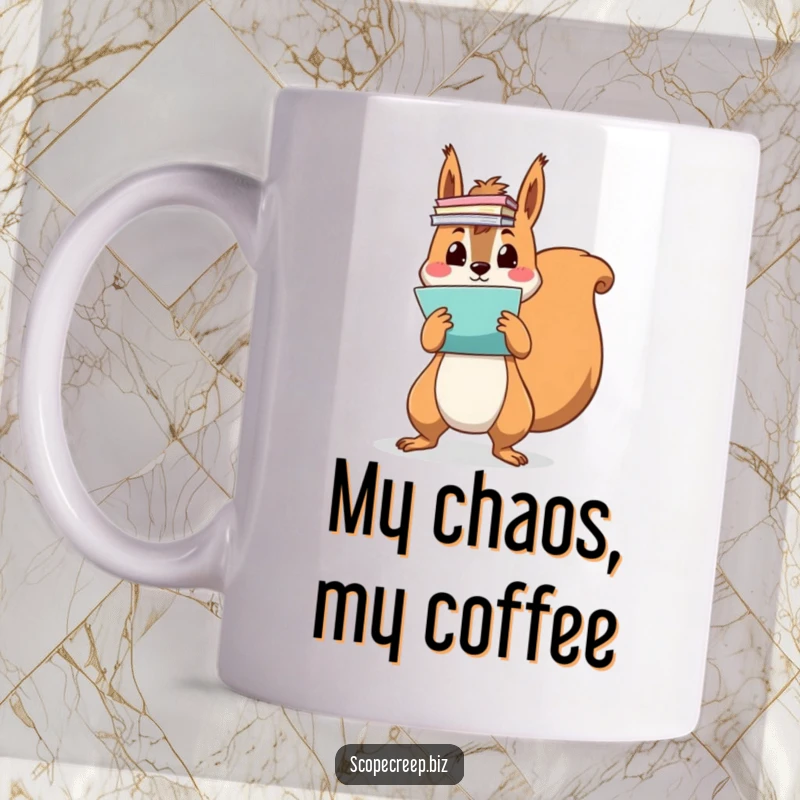 Funny squirrel character struggling to juggle a huge stack of colorful papers, overflowing desk, office chaos, comical gift.