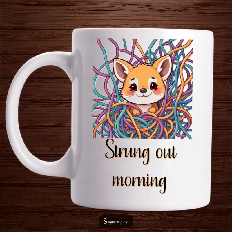 Funny mug showing a curious animal’s face peeking out from a messy, colorful tangle of threads, symbolizing curiosity.