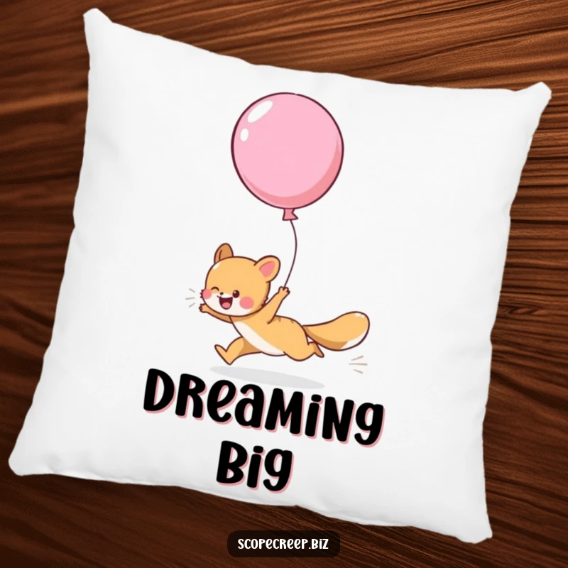 Funny pillow featuring a delighted animal in mid-chase after a big, colorful balloon that is floating away.