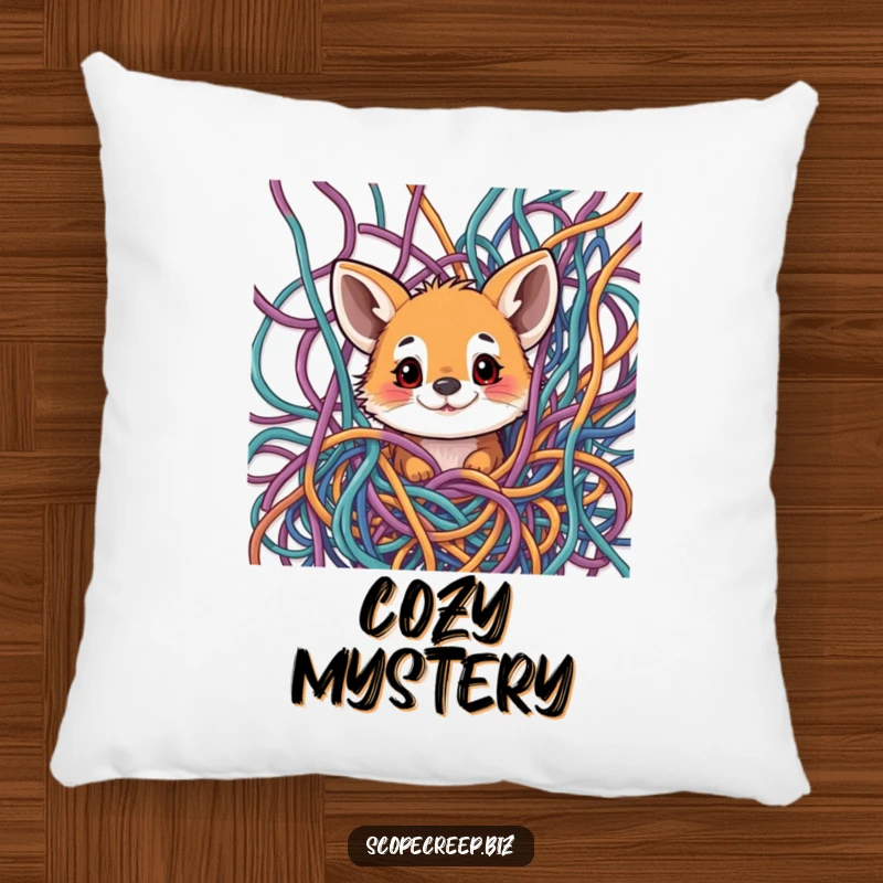 Funny pillow featuring a curious animal peeking through a messy, colorful tangle of threads, perfect for relaxation.
