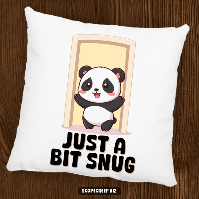 Funny panda comically wedged in a closing doorway, plush pillow, soft and humorous home decor.