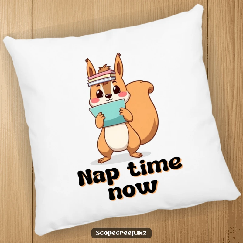 Funny squirrel character comically juggling a massive pile of papers, soft pillow design, comfortable and humorous home decor.