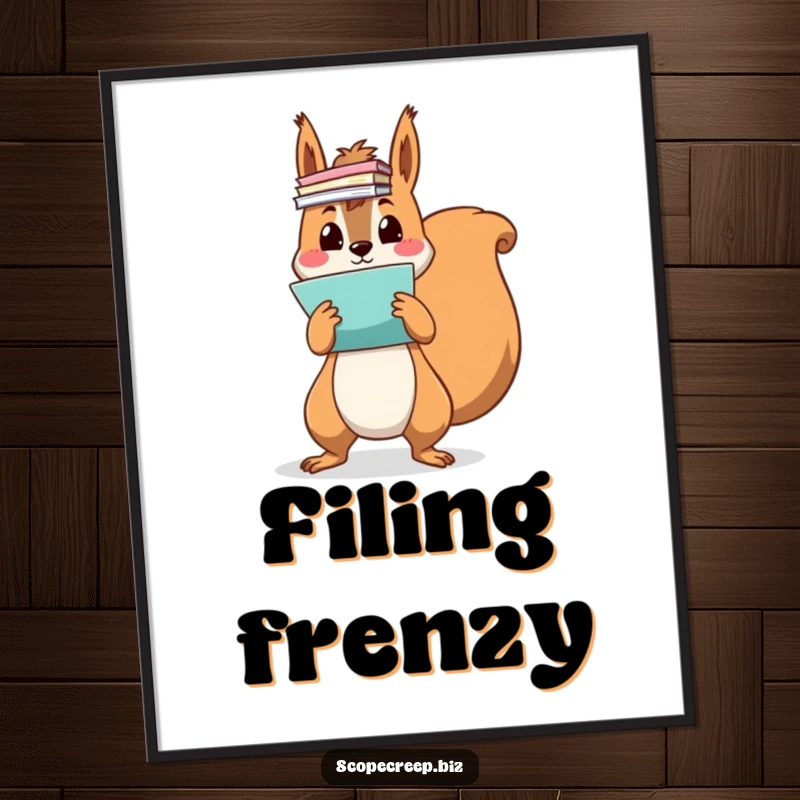 Funny squirrel character overwhelmed by flying colorful papers, high-resolution digital art, instant download, humorous wall decor.