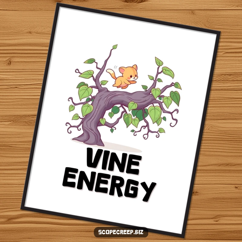 Funny digital art print of an energetic animal bounding over a sprawling vine, capturing a moment of pure, adventurous excitement.