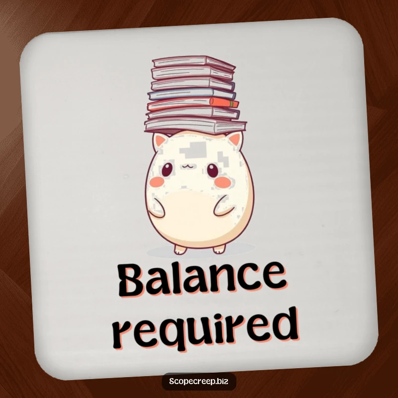 Funny drink coaster featuring a round animal struggling to balance a tall stack of papers, protecting surfaces.