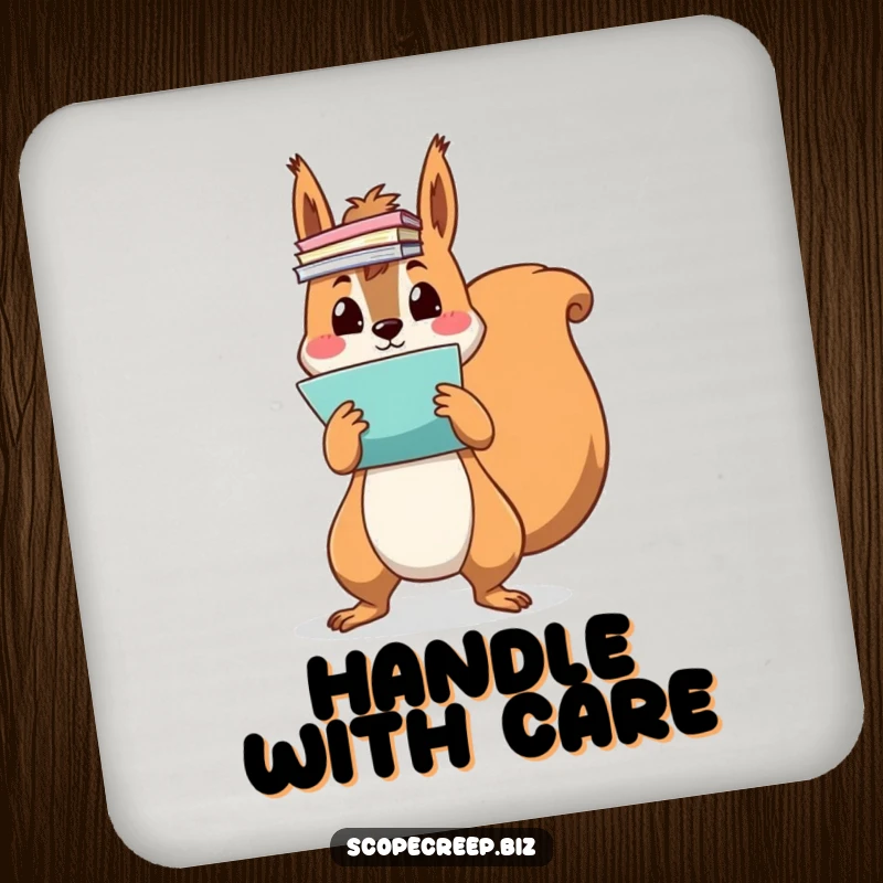 Funny squirrel character juggling papers, protective drink coaster, desk accessory, humorous home decor.