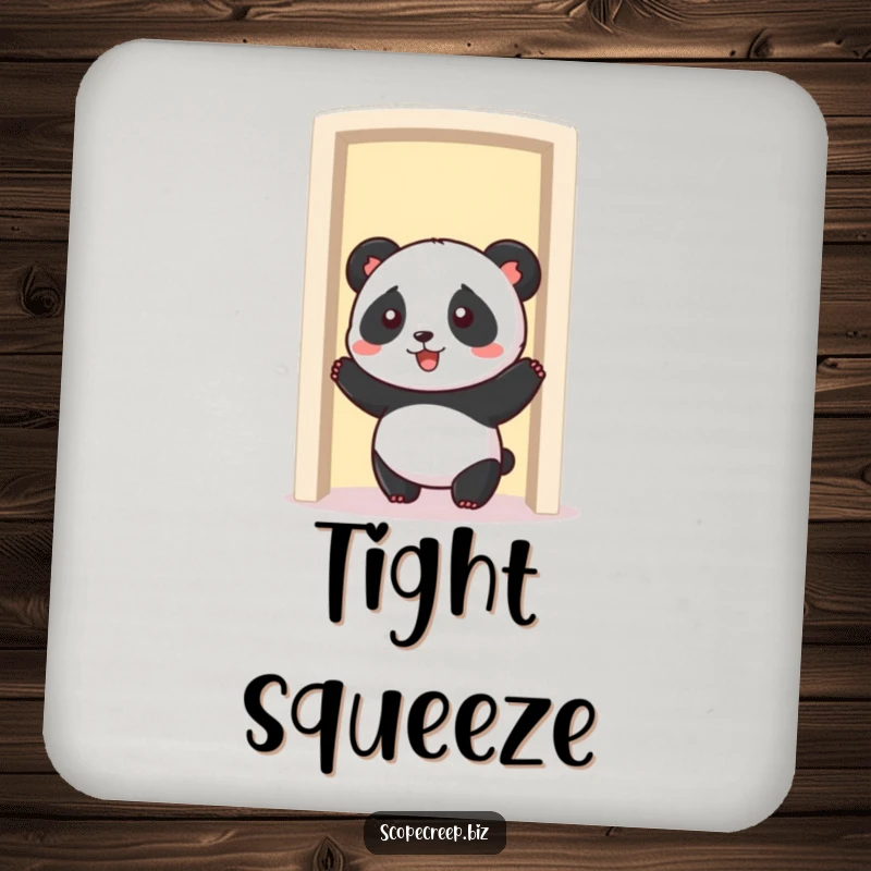 Funny panda character comically getting stuck in a doorway, protective drink coaster, humorous accessory.