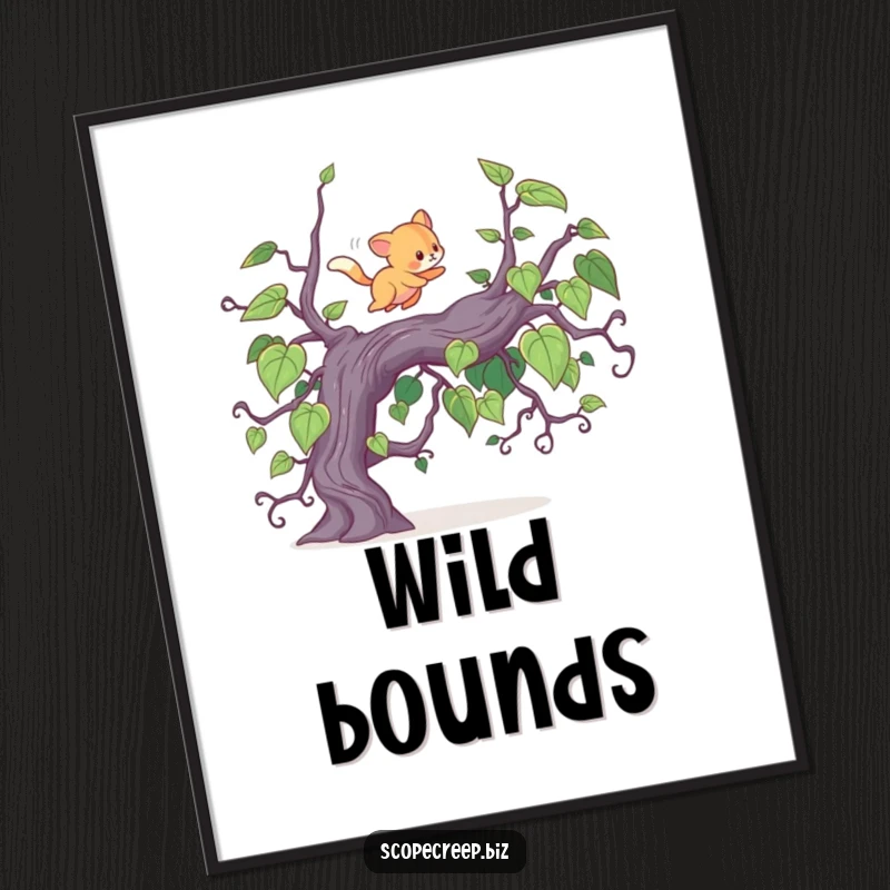 Funny poster of a small, energetic animal bounding over a sprawling, overgrown vine, depicting a moment of pure, adventurous exhilaration.