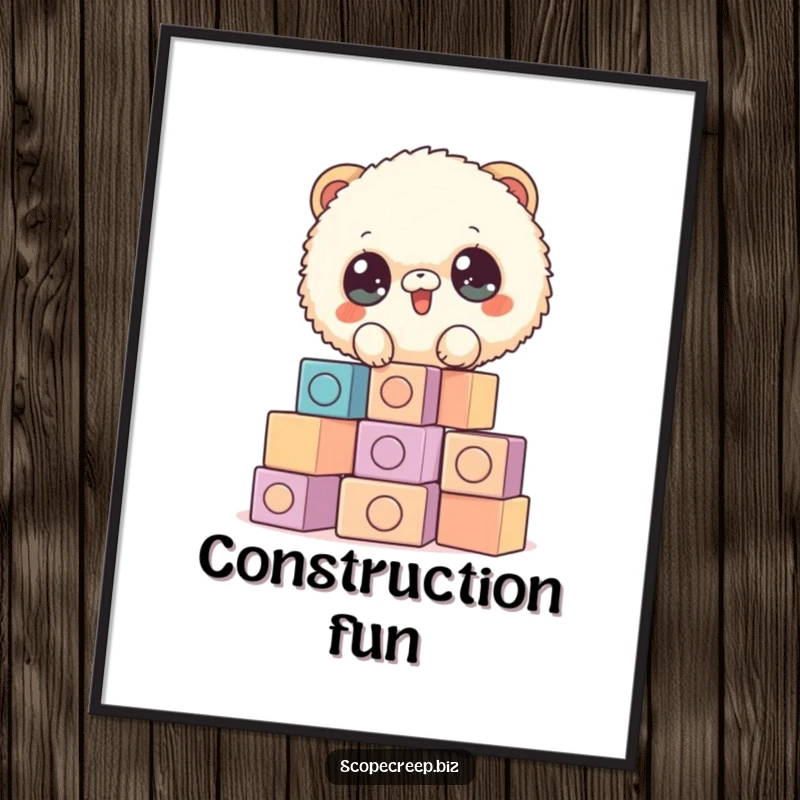Funny poster of a round, fluffy animal with sparkling eyes joyfully stacking mismatched building blocks, creating a scene of delightful construction.