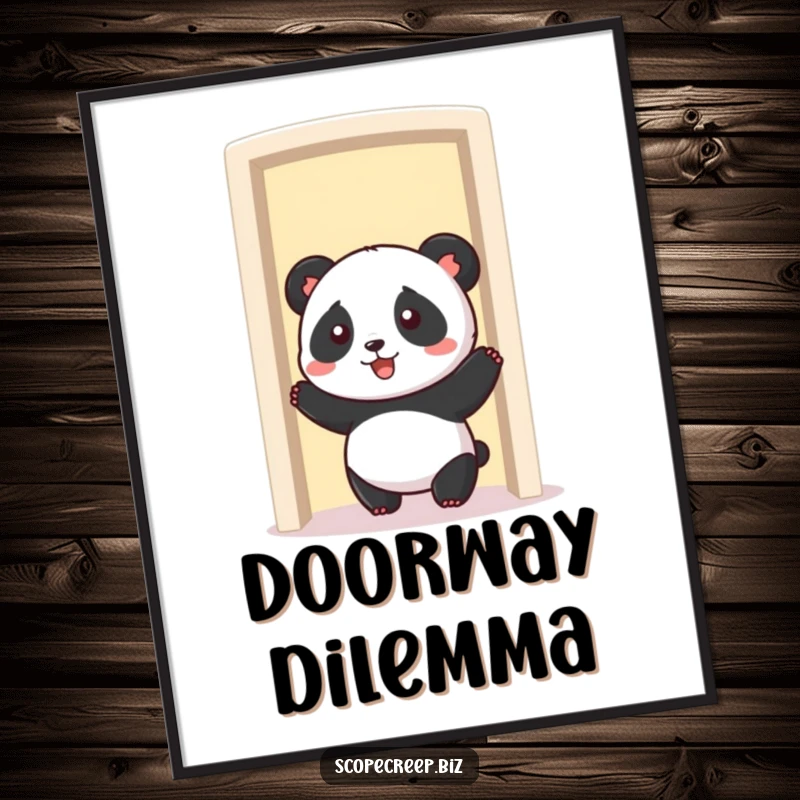 Funny panda stuck in a shrinking doorway, wide-eyed and comical, humorous poster for wall decor.