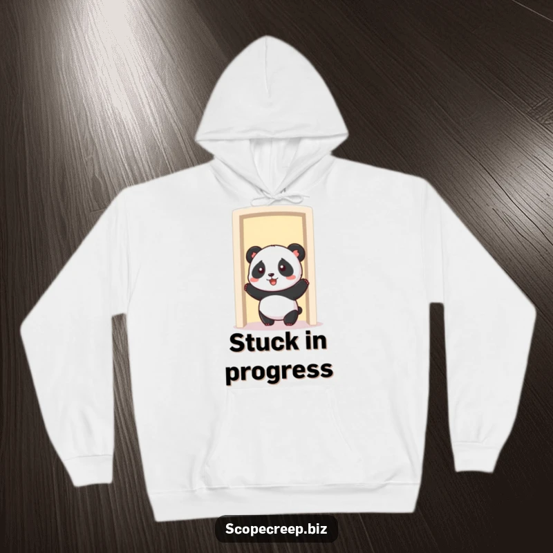 Funny panda stuck in a shrinking doorway, soft hoodie material, humorous and cozy apparel.