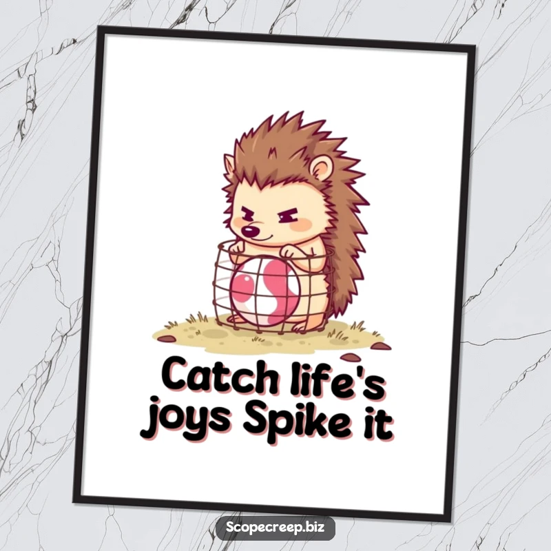Funny Free Printable Wall Art: A determined hedgehog is comically trying to build a small cage around a very energetic bouncing ball.