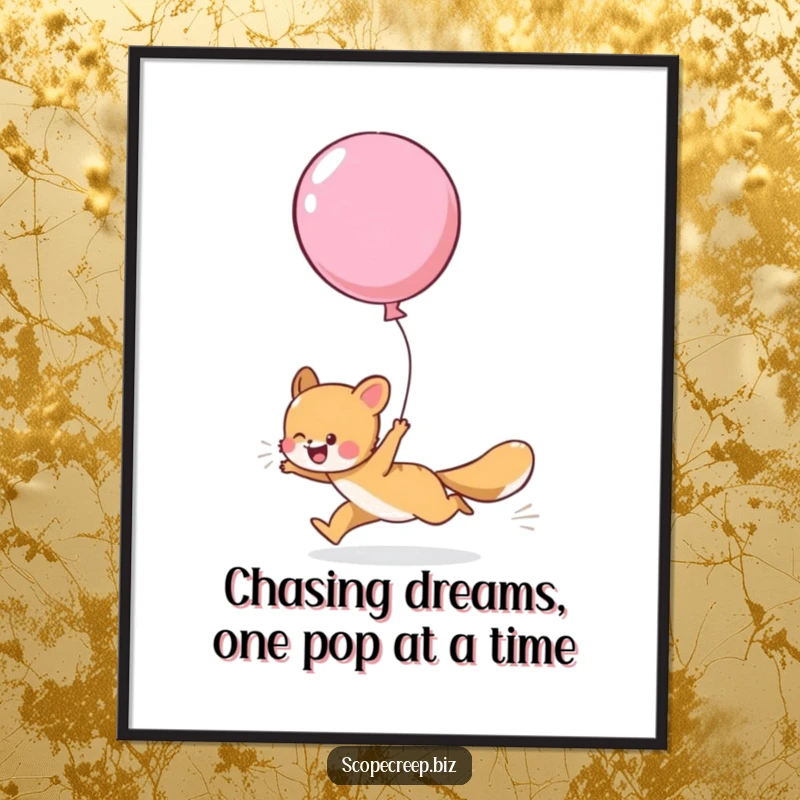 Funny Free Printable Wall Art: A playful animal leaping with joy while chasing a large, over-inflated balloon.
