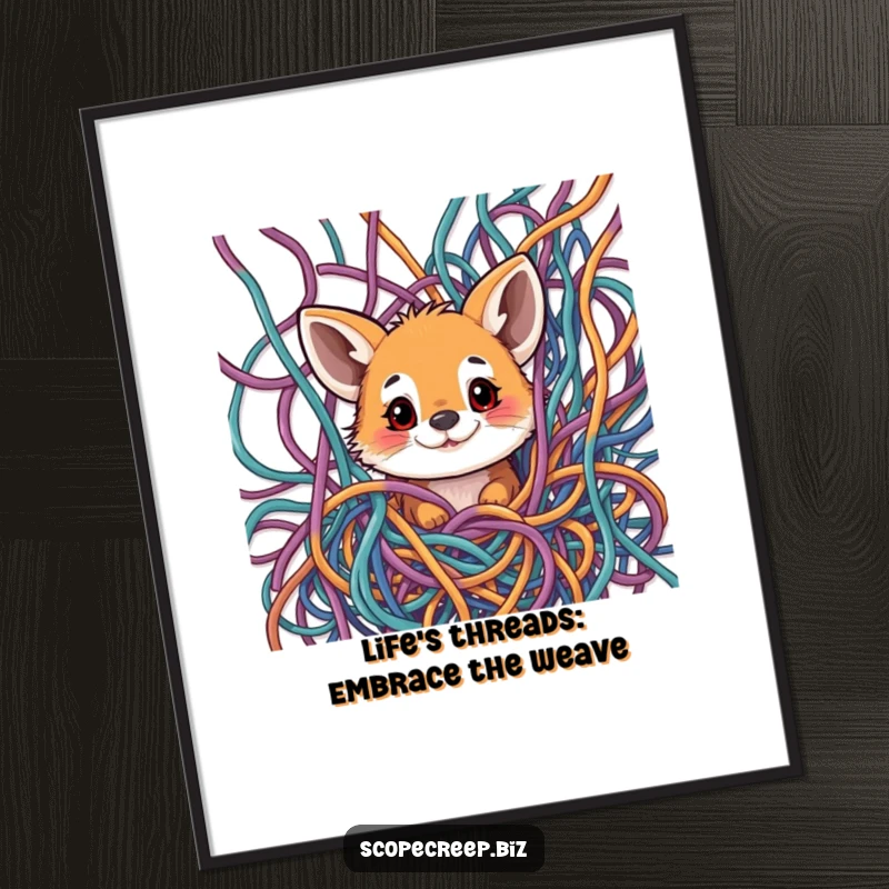 Funny Free Printable Wall Art: A curious animal peeking its head through an intricate, colourful, and tangled mess of threads.