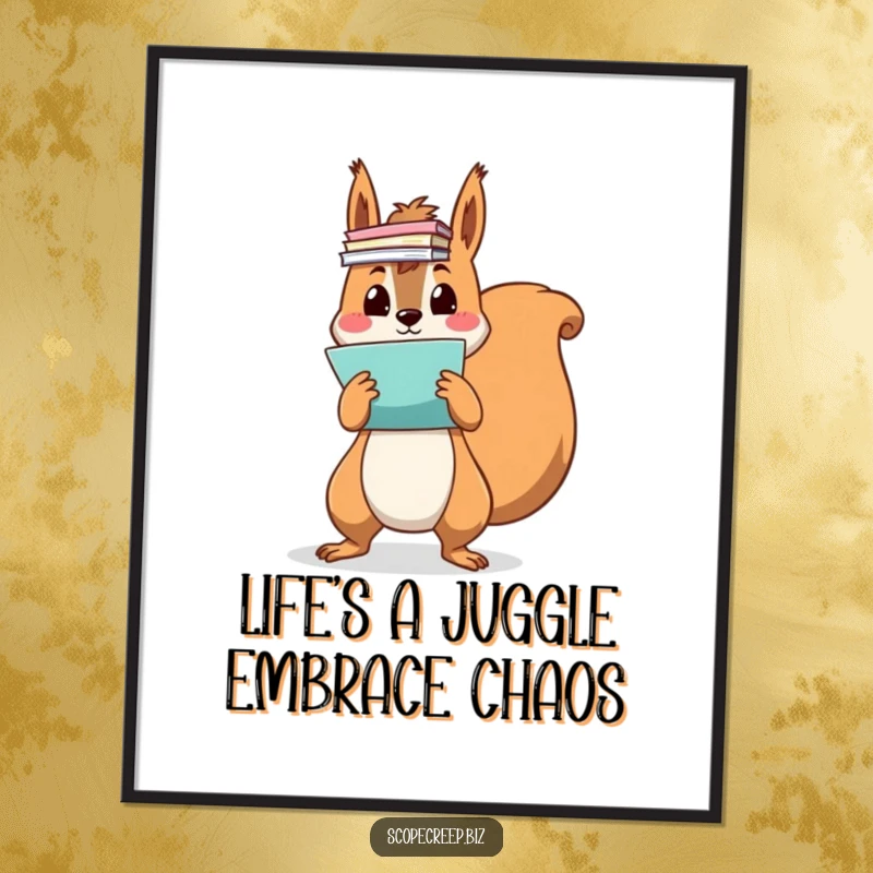 Funny Free Printable Wall Art: A comical squirrel is buried under an ever-growing stack of colorful papers, looking stressed.