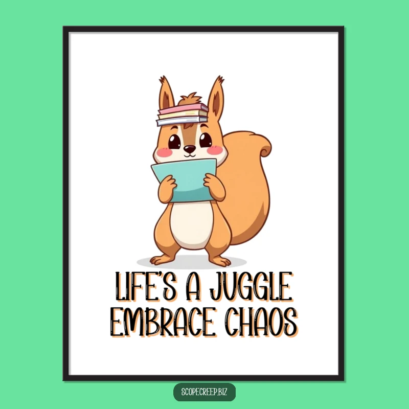 Funny Free Printable Wall Art: Squirrel Juggling Papers, Hilarious Downloadable Home Decor
