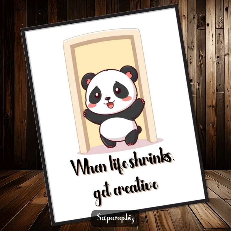 Funny Free Printable Wall Art: A comical panda is hilariously stuck trying to fit through a closing doorway, a silly look on its face.
