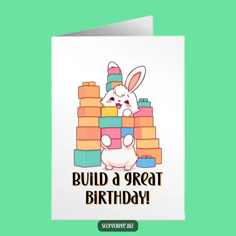 Free Printable Birthday Card: Bunny's Block Tower Funny Downloadable Gift