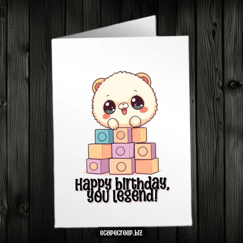 Funny Free Printable Birthday Card: Fluffy animal joyfully stacking blocks, celebrating a birthday. A cute downloadable greeting.