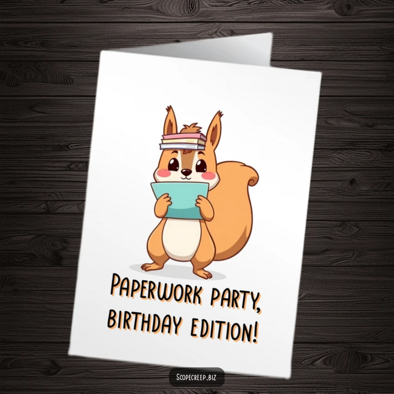 Funny Free Printable Birthday Card: A squirrel frantically juggles a huge, colorful stack of office papers, looking stressed.