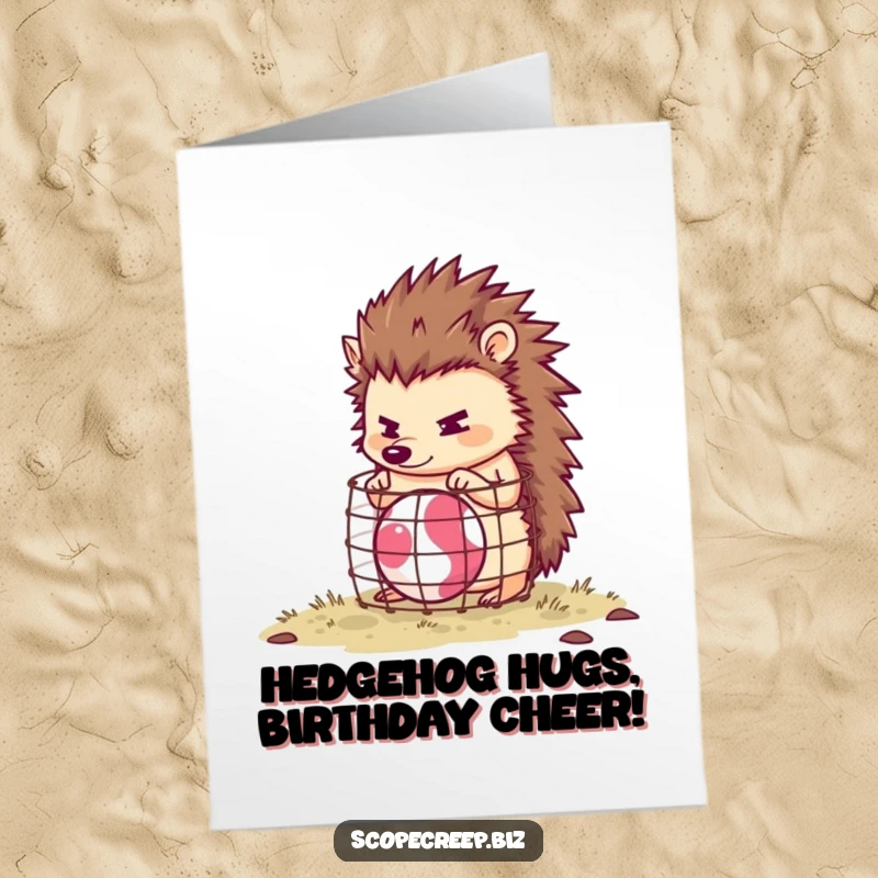 Funny Free Printable Birthday Card: A determined hedgehog is comically trying to build a tiny, makeshift cage around a very bouncy ball.