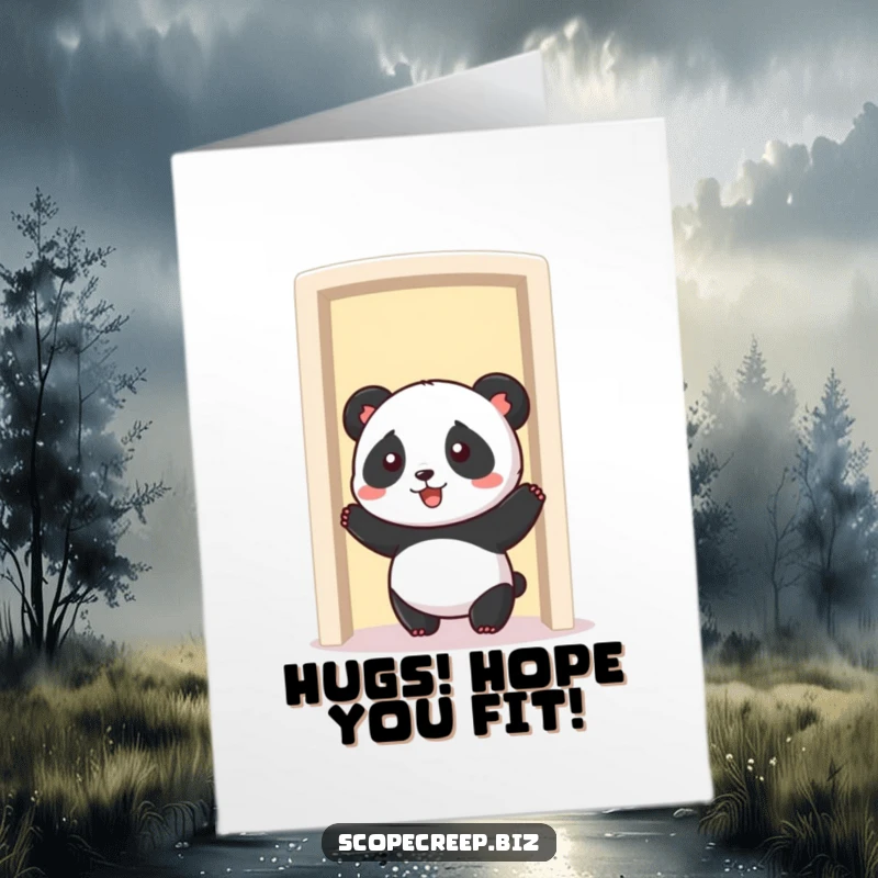 Funny Free Printable Birthday Card: A cute, chubby panda is comically stuck halfway through a shrinking doorway, looking bewildered.