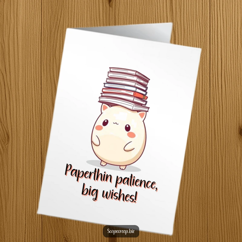 Funny Free Printable Birthday Card: Round animal hilariously balances a huge, messy pile of papers on its head.