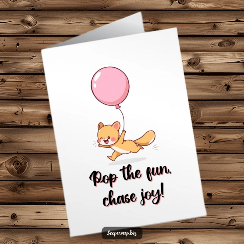 Funny Free Printable Birthday Card: A happy animal gleefully chasing a large, over-inflated balloon floating away.