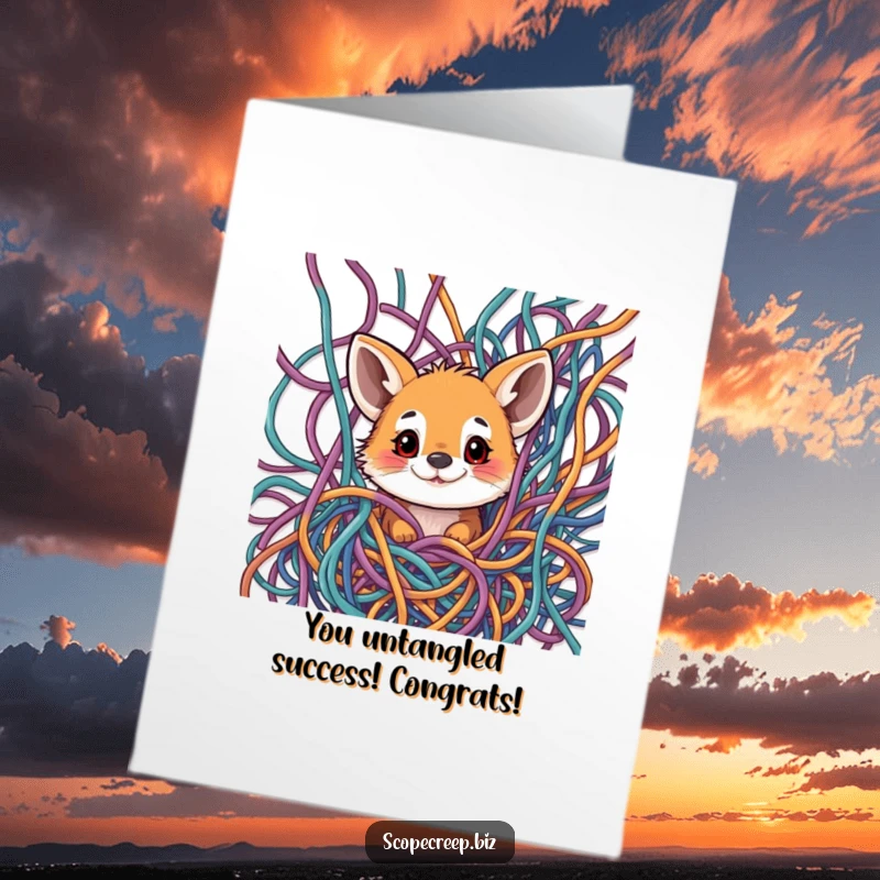 Funny Free Printable Congratulations Card: A curious animal peeking out from a jumbled, vibrant tangle of threads.