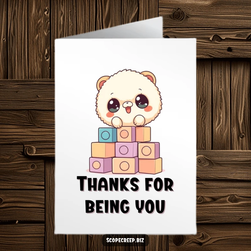 Funny Free Printable Thank You Card: Fluffy animal stacking blocks, expressing thanks. A cute downloadable card.