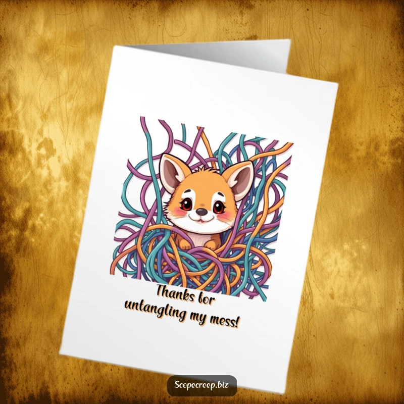 Funny Free Printable Thank You Card: A cute animal's face peeking curiously through a complex, colourful tangle of threads.