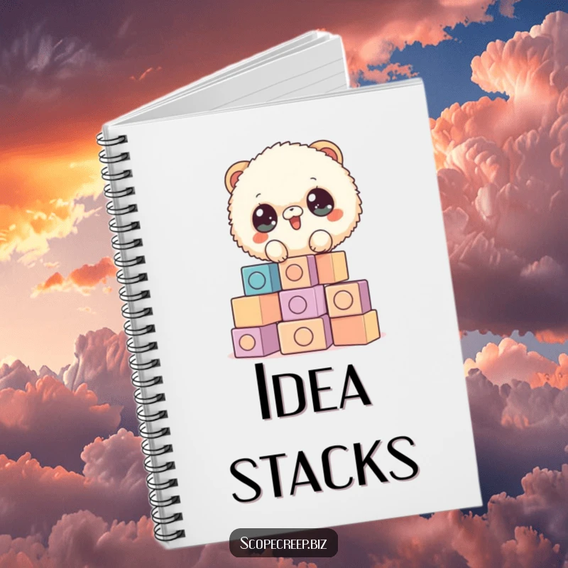 Funny notebook with a fluffy animal stacking blocks, ideal for jotting down notes with a touch of creative and humorous encouragement.
