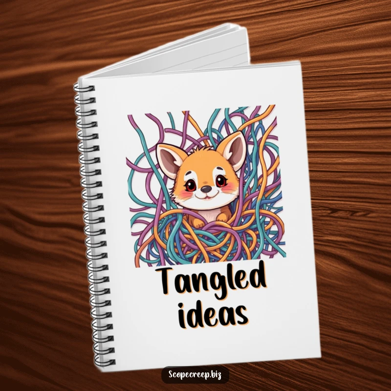 Funny notebook with a curious animal peeking through a messy tangle of colorful threads, ideal for notes.