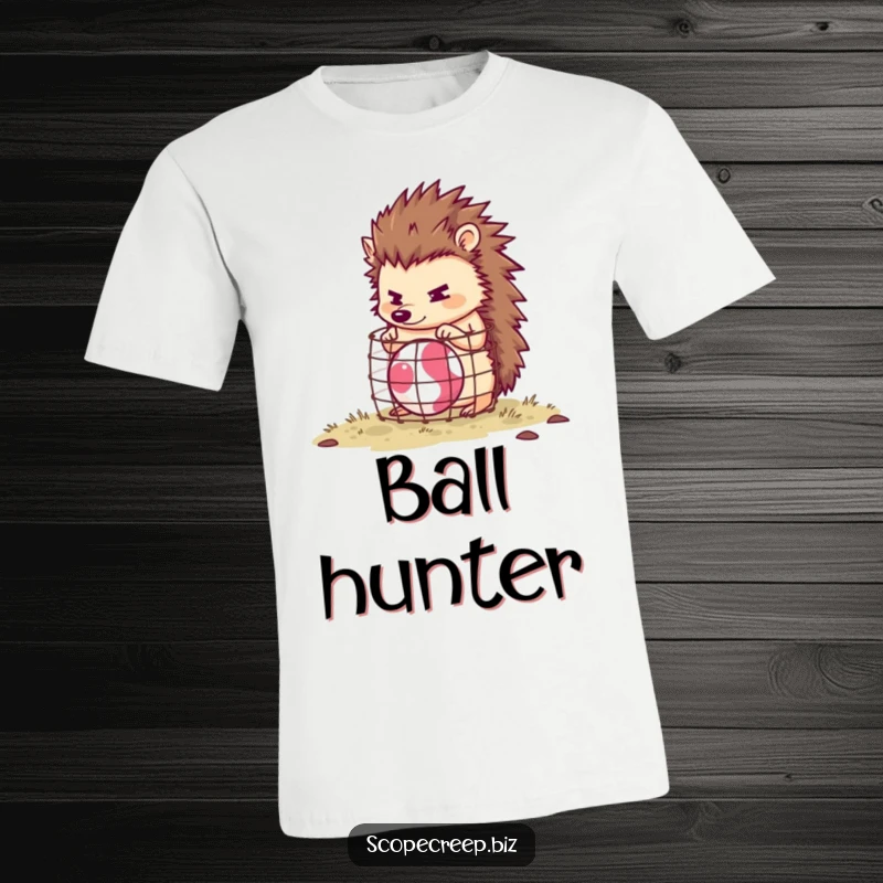 Funny hedgehog intensely trying to build a small cage around a bouncing ball, humorous t-shirt design.