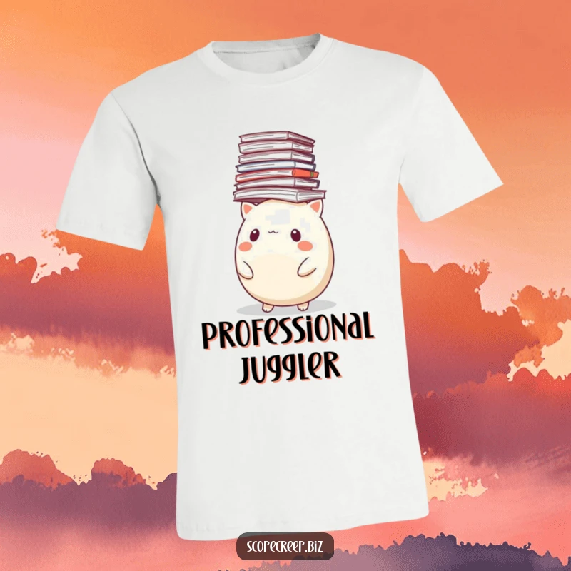 Funny t-shirt with a round, overwhelmed animal buried under a huge, unstable pile of papers, representing work chaos.