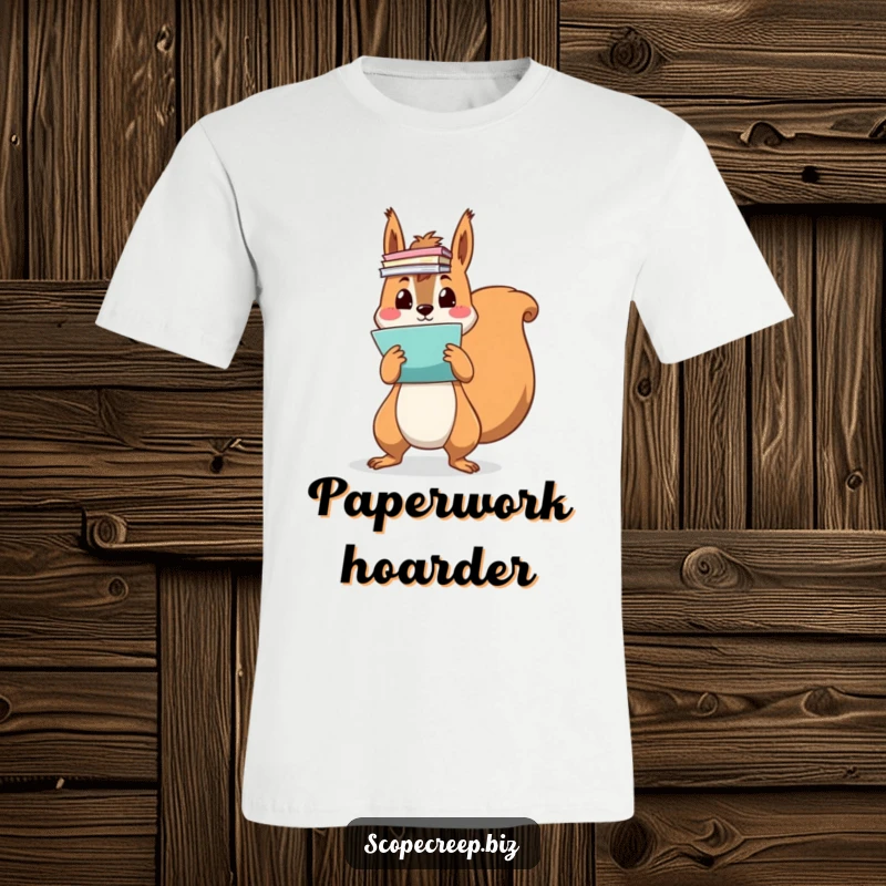 Funny squirrel character overwhelmed, juggling stacks of colorful papers, messy office setting, humorous t-shirt design.