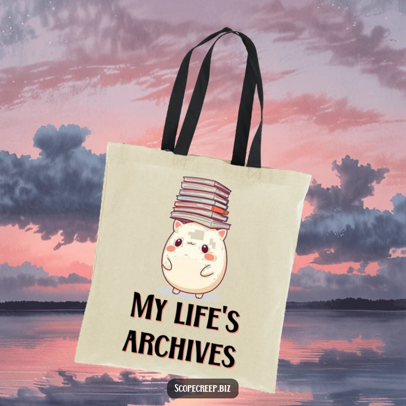 Funny tote bag displaying a round animal struggling to balance a comical stack of papers, perfect for errands.