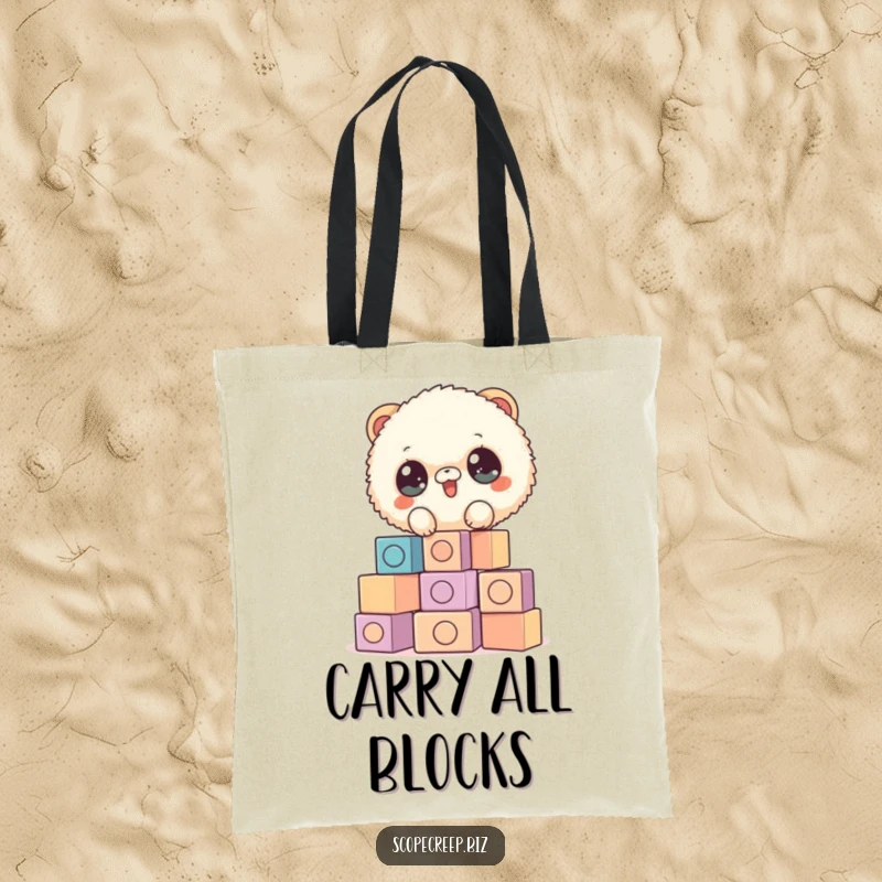 Funny tote bag illustration of a fluffy animal stacking blocks, perfect for carrying items with a touch of creative and humorous flair.