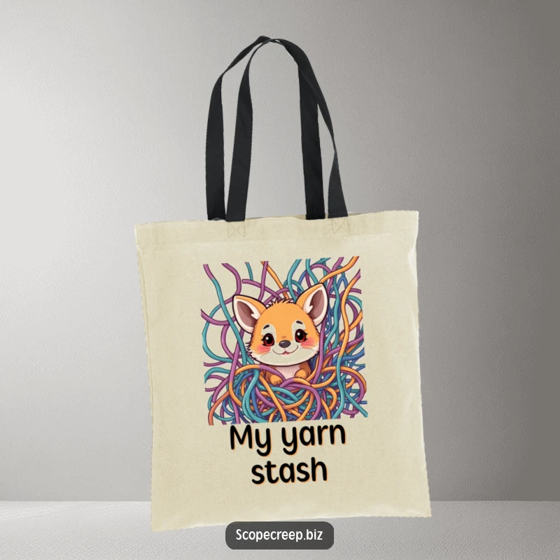 Funny tote bag showing a curious animal peeking through a messy tangle of colorful threads, great for supplies.
