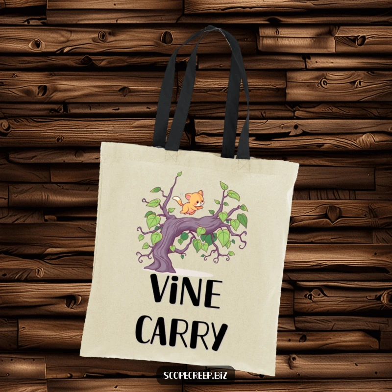 Funny tote bag with an energetic animal leaping over a vine, perfect for carrying items with a sense of adventure and humor.